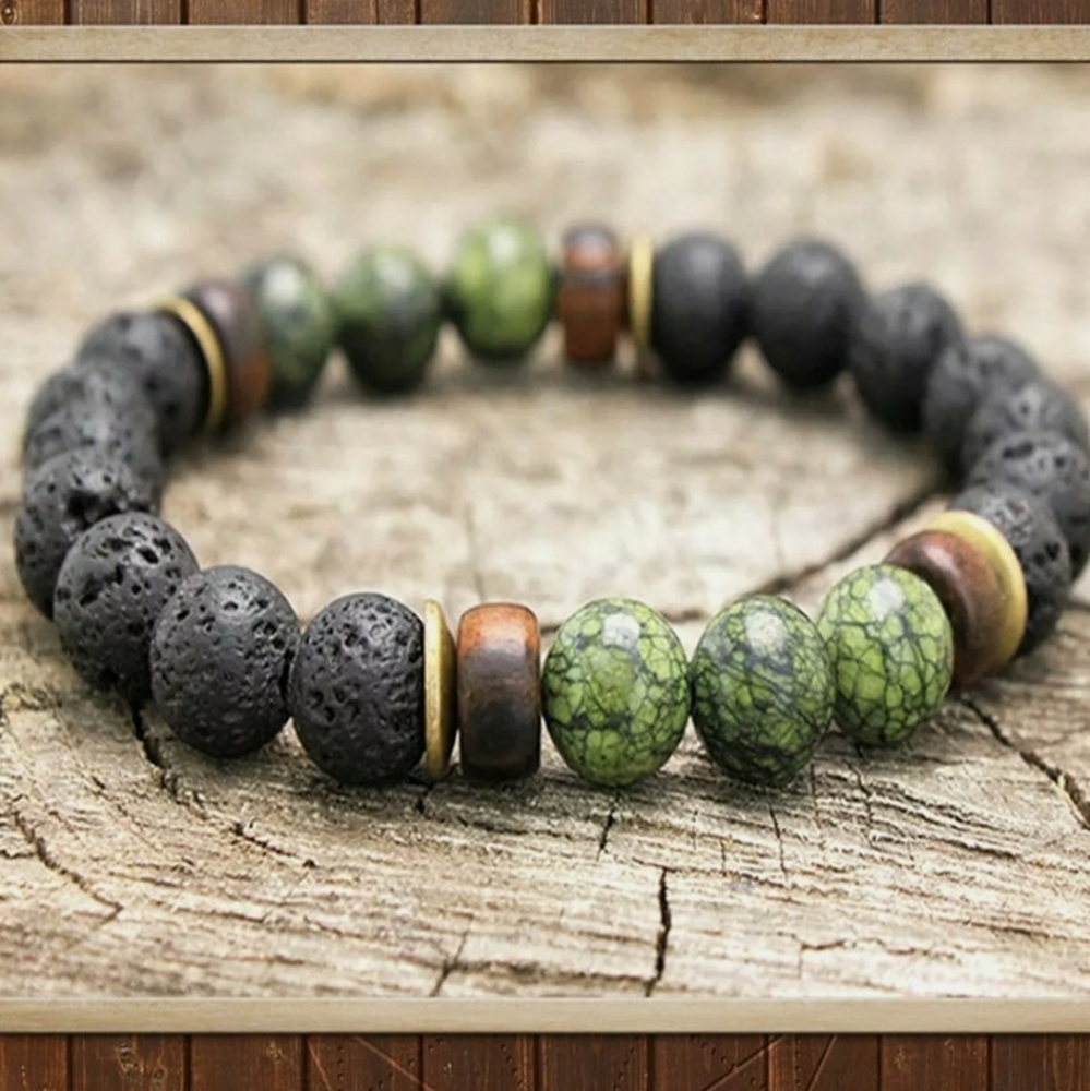 Lava Stone Sandlewood Green Jade Mala Chakra Yoga Bracelet C310-B